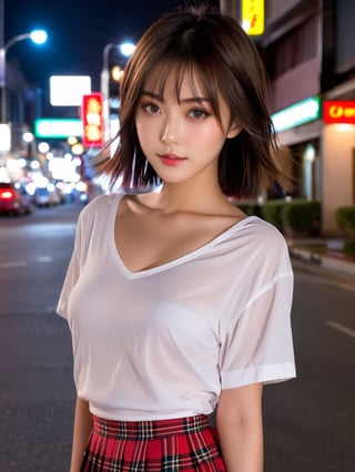 35 y.o Japanese girl,(highly clear face,very cute,Extremely cure beauty,Sexy self-confidence,proud and independent,Clear perfect eyes,phenomenal aesthetic,Amazing photos),Cinematic Lighting,narrow_waist,slender face,skinny,street at night,red plaid pleated skirt,short hair,(sexy transparent white shirt:1.1),wind,