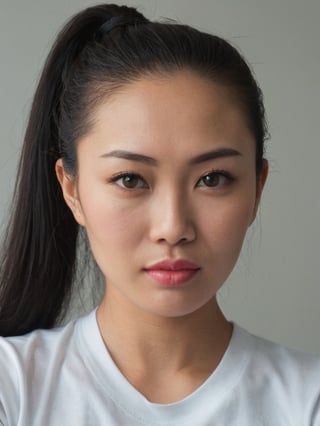 handsome chinese mix girl in malaysia, 30 years old. Average body, bright honey eyes with sharp size, full lips, long eyelashes. Black, ponytail, soul and spiritual mentor. T-Shirts,cinematic,photorealistic