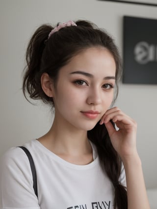 cycling studio, medication, beautiful korean mix chinese girl, 30 years old. Average body, bright honey eyes with sharp size, full lips, long eyelashes. Black, ponytail, soul and spiritual mentor. T-Shirts,cinematic,photorealistic,masterpiece,1 girl ,best quality