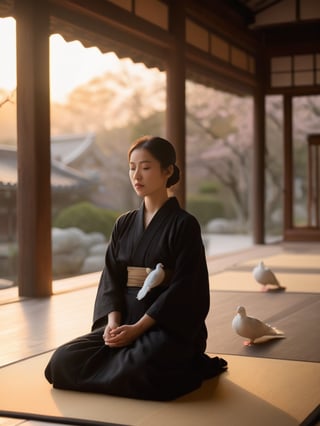 A serene Japanese temple setting at dusk, as a gentlewoman in black robes sits cross-legged on a tatami mat, eyes closed in meditation. Soft golden light of the sunset casts a warm glow on her tranquil face. Above, a pair of white doves flutter peacefully amidst the evening sky's subtle hues, as if reflecting the monk's serene state. Sakura, hd, extra detailed,disney pixar style