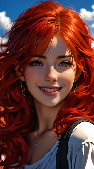 a pretty anime 19-year-old girl with red hair and a flawless complexion, smiling at the camera, beautiful blue skies, photorealism, comic art, realistic anime style,  masterpiece, high quality, 1 girl