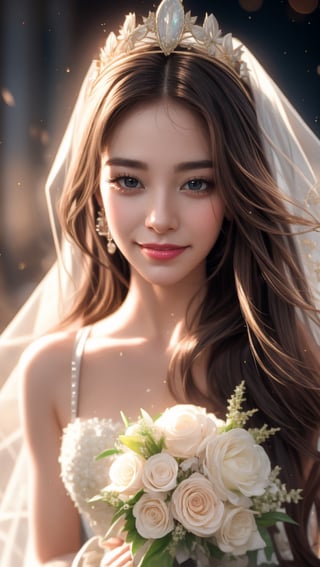 masterpiece, high quality, ultra-detailed, 4k, 1girl, photography, Full body portrait of an extremely beautiful bride. She is wearing a luxurious white wedding dress with intricate details, a tiara, and a bouquet of flowers. She has an angelic and blissful expression, with a soft and dreamy gaze. The bride is surrounded by a magical aura of light and soft particles, which adds an ethereal touch to the image. The background is blurred and blurred in a soft, golden light. The overall style is romantic and dramatic, with high contrast and saturation, photorealism, ultra-detailed, unreal engine 5.,jisoo,1 girl