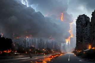 (((((Viewed_from_street:1.7))))),(((((dark_sky_with_lightning:1.7))))),((((montrous_earthquake_with_large_fissures:1.7)))),(((((((whole_Hong_Kong_city,road_large_fissures,skyscrapers_falling_apart_with_huge_larva_fire_with_huge_smoke:1.7))))))),4K cinematic quality reminiscent of an epic Steven Spielberg movie still, sharp focus on emitting diodes, smoke tendrils, artillery-induced sparks, with detailed racks and a motherboard evoking Pascal Blanche and Rutkowski Repin’s ArtStation hyperrealism, matte painting, character design detailed in the style of "Blade Runner," octane rendering,Ptcard