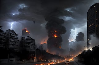 (((((Viewed_from_street:1.7))))),(((((dark_sky_with_lightning:1.7))))),(((((Lucifer:1.7))))),((((montrous_earthquake:1.7)))),(((((((whole_Hong_Kong_city_with_huge_larva_fire_with_huge_smoke,road_large_fissures,skyscrapers_falling_apart:1.7))))))),4K cinematic quality reminiscent of an epic Steven Spielberg movie still, sharp focus on emitting diodes, smoke tendrils, artillery-induced sparks, with detailed racks and a motherboard evoking Pascal Blanche and Rutkowski Repin’s ArtStation hyperrealism, matte painting, character design detailed in the style of "Blade Runner," octane rendering,Ptcard