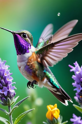 Macro photography of  very beautiful hummingbird, multi-colored blossoms of lavender, Searching for food during flight, cuteness,enchanting color, 4k, glitter, colorful, splash, beautiful magical bird