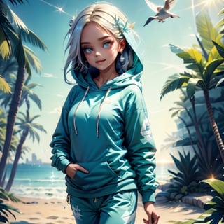 long haired cute 9 years old, blue eyed girl, cute nose, tear drop shaped eyes,  perky smile, looking at far distance, slim figure (wearing a white baggy hooded sweatshirt and baggy trouser) walking in the spring time beach street with a cute puppy, little birds on the sky.  fashion magazine illustration