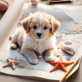 ((ultra realistic photo)), artistic sketch art, Make a pencil sketch of an adorable little FLUFFY PUPPY on an old torn edge paper, art, DETAILED textures, pure perfection, hIgh definition, detailed beach around THE PAPER, tiny delicate sea-shell, starfish, sea , delicate coral, sand pile on the paper,calligraphy text, tiny delicate drawings,BookScenic