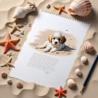 ((ultra realistic photo)), artistic sketch art, Make a pencil sketch of an adorable little FLUFFY PUPPY on a torn edge LETTER on the sand ( WITH LITTLE DRAWINGS AND  TEXTS, art, DETAILED textures, pure perfection, hIgh definition), detailed beach around THE PAPER, tiny delicate sea-shell, little delicate starfish, sea ,TROPICAL BAY BACKGROUND, delicate coral, sand pile on the paper,little calligraphy texts, little drawings on the paper,, text: "puppy", text. ,BookScenic,art_booster