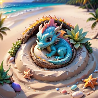 ((ultra artistic photo)), artistic sketch art, Make a DETAILED pencil sketch of a cute TINY MINIATURE CUTE sleepy DRAGON hatchling SLEEPING IN THE NEST ON THE SAND (art, DETAILED textures, pure perfection, hIgh definition), detailed beach around , tiny delicate sea-shell, TINY COLORFUL EGG, little delicate starfish, sea ,(very detailed TROPICAL hawaiian BAY BACKGROUND VIEW, SEA SHORE, PALM TREES, DETAILED LANDSCAPE, COLORFUL) (GOLDEN HOUR LIGHTING), delicate coral, sand piles,LegendDarkFantasy,dragon