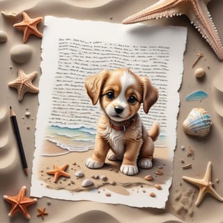 ((ultra realistic photo)), artistic sketch art, Make a DETAILED pencil sketch of a cute little FLUFFY PUPPY on a torn edge LETTER on the sand ( WITH LITTLE DRAWINGS AND TEXTS, art, DETAILED textures, pure perfection, hIgh definition), detailed beach around THE PAPER, tiny delicate sea-shell, little delicate starfish, sea ,TROPICAL BAY BACKGROUND, delicate coral, sand pile on the paper,little calligraphy texts, little drawings on the paper,, text: "puppy", text. ,BookScenic,art_booster,disney pixar style,LegendDarkFantasy,anthro