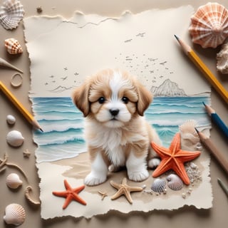 ((ultra realistic photo)), artistic sketch art, Make a pencil sketch of an adorable little FLUFFY PUPPY on an old torn edge paper, art, DETAILED textures, pure perfection, hIgh definition, detailed beach around THE PAPER, tiny delicate sea-shell, starfish, sea , delicate coral, sand pile on the paper, little calligraphy text, tiny delicate drawings,BookScenic