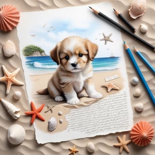 ((ultra realistic photo)), artistic sketch art, Make a pencil sketch of an adorable little FLUFFY PUPPY on a torn edge LETTER on the sand ( WITH LITTLE DRAWINGS AND  TEXTS, art, DETAILED textures, pure perfection, hIgh definition), detailed beach around THE PAPER, tiny delicate sea-shell, little delicate starfish, sea ,TROPICAL BAY BACKGROUND, delicate coral, sand pile on the paper,little calligraphy texts, little drawings on the paper,, text: "puppy", text. ,BookScenic,art_booster