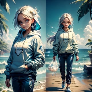 long haired cute teenager, blue eyed girl, cute nose, little tear drop shaped eyes, perky smile, looking at far distance, slim figure (wearing a white baggy hooded sweatshirt and baggy trouser) walking in the spring time beach street with a cute puppy, little birds on the sky. fashion magazine illustration