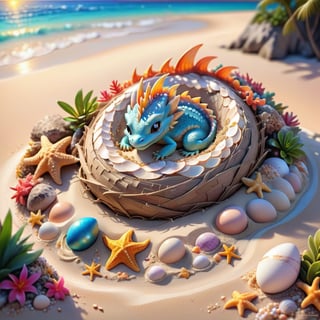 ((ultra artistic photo)), artistic sketch art, Make a DETAILED pencil sketch of a cute TINY MINIATURE CUTE sleepy DRAGON, newly born hatchling SLEEPING IN THE NEST ON THE SAND (art, DETAILED textures, pure perfection, hIgh definition), detailed beach around , tiny delicate sea-shell, TINY COLORFUL EGG, little delicate starfish, sea ,(very detailed TROPICAL hawaiian BAY BACKGROUND VIEW, SEA SHORE, PALM TREES, DETAILED LANDSCAPE, COLORFUL) (GOLDEN HOUR LIGHTING), delicate coral, sand piles,LegendDarkFantasy,dragon
