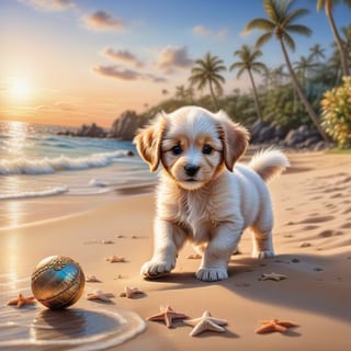 ((ultra realistic photo)), artistic sketch art, Make a DETAILED pencil sketch of a cute little FLUFFY PUPPY PLAYING WITH A BALL, (art, DETAILED textures, pure perfection, hIgh definition), detailed beach around , tiny delicate sea-shell, little delicate starfish, sea ,(very detailed TROPICAL hawaiian BAY BACKGROUND, SEA SHORE, PALM TREES, DETAILED LANDSCAPE, COLORFUL) (GOLDEN HOUR LIGHTING), delicate coral, sand piles