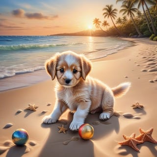 ((ultra realistic photo)), artistic sketch art, Make a DETAILED pencil sketch of a cute little FLUFFY PUPPY PLAYING WITH A BALL, (art, DETAILED textures, pure perfection, hIgh definition), detailed beach around , tiny delicate sea-shell, little delicate starfish, sea ,(very detailed TROPICAL hawaiian BAY BACKGROUND, SEA SHORE, PALM TREES, DETAILED LANDSCAPE, COLORFUL) (GOLDEN HOUR LIGHTING), delicate coral, sand piles