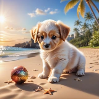 ((ultra realistic photo)), artistic sketch art, Make a DETAILED pencil sketch of a cute little FLUFFY PUPPY PLAYING WITH A BALL, (art, DETAILED textures, pure perfection, hIgh definition), detailed beach around , tiny delicate sea-shell, little delicate starfish, sea ,(very detailed TROPICAL hawaiian BAY BACKGROUND, SEA SHORE, PALM TREES, DETAILED LANDSCAPE, COLORFUL) (GOLDEN HOUR LIGHTING), delicate coral, sand piles