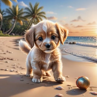 ((ultra realistic photo)), artistic sketch art, Make a DETAILED pencil sketch of a cute little FLUFFY PUPPY PLAYING WITH A BALL, (art, DETAILED textures, pure perfection, hIgh definition), detailed beach around , tiny delicate sea-shell, little delicate starfish, sea ,(very detailed TROPICAL hawaiian BAY BACKGROUND, SEA SHORE, PALM TREES, DETAILED LANDSCAPE, COLORFUL) (GOLDEN HOUR LIGHTING), delicate coral, sand piles