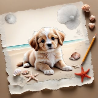 ((ultra realistic photo)), artistic sketch art, Make a pencil sketch of an adorable little FLUFFY PUPPY on an old torn edge paper, art, DETAILED textures, pure perfection, hIgh definition, detailed beach around THE PAPER, tiny delicate sea-shell, starfish, sea , delicate coral, sand on the paper, little calligraphy text all over the paper, tiny delicate drawings