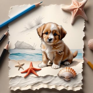 ((ultra realistic photo)), artistic sketch art, Make a pencil sketch of an adorable little FLUFFY PUPPY on an old torn edge paper, art, DETAILED textures, pure perfection, hIgh definition, detailed beach around THE PAPER, tiny delicate sea-shell, starfish, sea , delicate coral, sand pile on the paper, little calligraphy text, tiny delicate drawings,BookScenic