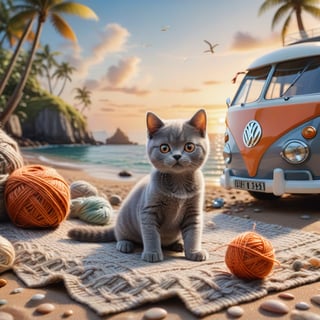 ((ultra realistic photo))  a cute little British shorthaired Kitty playing with a little ball of yarn ON A PLAID, IN FRONT OF THE CLASSIC VW CAMPER VAN, LOVELY WELL-ARRANGED CAMPING ENVIROMENT (art, DETAILED textures, pure perfection, hIgh definition), detailed beach around , tiny delicate sea-shell, little delicate starfish, sea ,(very detailed TROPICAL hawaiian BAY BACKGROUND, SEA SHORE, PALM TREES, DETAILED LANDSCAPE, COLORFUL) (GOLDEN HOUR LIGHTING), delicate coral, sand piles,LegendDarkFantasy,dark,anthro