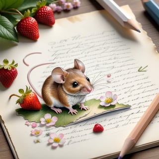 ((ultra realistic photo)), artistic sketch art, Make a little WHITE LINE pencil sketch of a cute tiny MOUSE on an old TORN EDGE Letter , art, textures, pure perfection, high definition, LITTLE FRUITS, butterfly,strawberry, berry, DELICATE FLOWERS ,grass blades, petals  on the paper, little calligraphy text, little drawings, text: "mouse", text. children's picture books, 