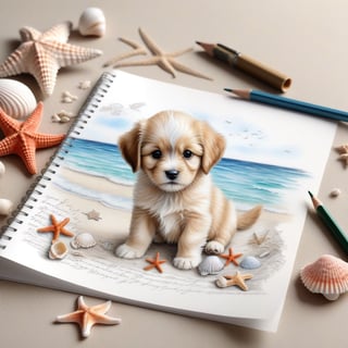 ((ultra realistic photo)), artistic sketch art, Make a pencil sketch of an adorable little FLUFFY PUPPY on a torn edge LETTER WITH LITTLE DRAWINGS AND  TEXTS, art, DETAILED textures, pure perfection, hIgh definition, detailed beach around THE PAPER, tiny delicate sea-shell, little delicate starfish, sea ,TROPICAL BAY, delicate coral, sand pile on the paper,little calligraphy texts, little drawings on the paper,, text: "puppy", text. ,BookScenic,art_booster