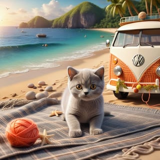 ((ultra realistic photo))  a cute little British shorthaired Kitty playing with a little ball of yarn ON A PLAID, IN FRONT OF THE CLASSIC VW CAMPER VAN, LOVELY WELL-ARRANGED CAMPING ENVIROMENT (art, DETAILED textures, pure perfection, hIgh definition), detailed beach around , tiny delicate sea-shell, little delicate starfish, sea ,(very detailed TROPICAL hawaiian BAY BACKGROUND, SEA SHORE, PALM TREES, DETAILED LANDSCAPE, COLORFUL) (GOLDEN HOUR LIGHTING), delicate coral, sand piles,LegendDarkFantasy,dark