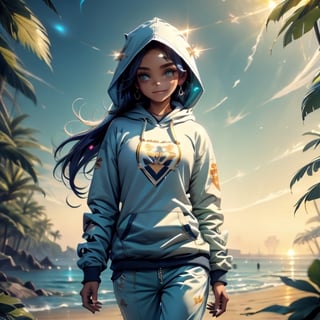 long haired cute 9 year old, blue eyed girl, cute nose, perky smile, looking at far distance, slim figure (wearing a white baggy hooded sweatshirt and baggy trouser) walking in the spring time beach street with a cute puppy, little birds on the sky.  fashion magazine illustration