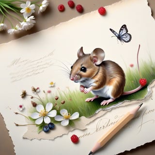  ((ultra realistic photo)), artistic sketch art, Make a little WHITE LINE pencil sketch of a cute tiny MOUSE on an old TORN EDGE PIECE OF PAPER , art, textures, pure perfection, high definition, LITTLE FRUITS, butterfly,wild berries,berry, DELICATE FLOWERS ,grass blades, flower petals on the paper, little calligraphy text all over, little drawings, text: "mouse", text. ,BookScenic,art_booster