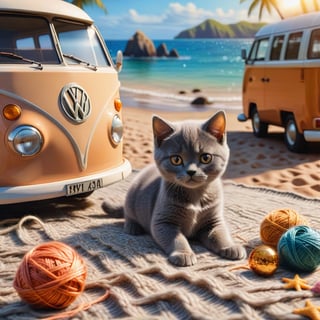 ((ultra realistic photo))  a cute little British shorthaired Kitty playing with a little ball of yarn ON A PLAID, IN FRONT OF THE CLASSIC VW CAMPER VAN, LOVELY WELL-ARRANGED CAMPING ENVIROMENT (art, DETAILED textures, pure perfection, hIgh definition), detailed beach around , tiny delicate sea-shell, little delicate starfish, sea ,(very detailed TROPICAL hawaiian BAY BACKGROUND, SEA SHORE, PALM TREES, DETAILED LANDSCAPE, COLORFUL) (GOLDEN HOUR LIGHTING), delicate coral, sand piles,LegendDarkFantasy,dark,anthro