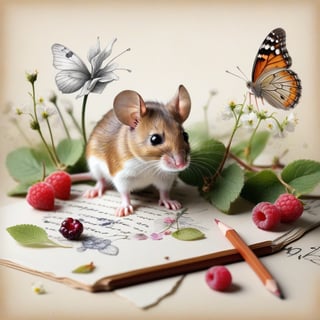 ((ultra realistic photo)), artistic sketch art, Make a little WHITE LINE pencil sketch of a cute tiny MOUSE on an old TORN EDGE PIECE OF PAPER , art, textures, pure perfection, high definition, LITTLE FRUITS, butterfly,wild berries,berry, DELICATE FLOWERS ,grass blades AROUND, flower petals on the paper, little calligraphy text all over, little drawings, text: "mouse", text. ,BookScenic,art_booster