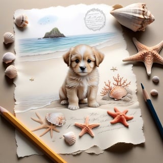 ((ultra realistic photo)), artistic sketch art, Make a pencil sketch of an adorable little FLUFFY PUPPY on an old torn edge paper, art, DETAILED textures, pure perfection, hIgh definition, detailed beach around THE PAPER, tiny delicate sea-shell, starfish, sea , delicate coral, sand pile on the paper,calligraphy text, tiny delicate drawings,BookScenic
