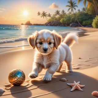 ((ultra realistic photo)), artistic sketch art, Make a DETAILED pencil sketch of a cute little FLUFFY PUPPY PLAYING WITH A BALL, (art, DETAILED textures, pure perfection, hIgh definition), detailed beach around , tiny delicate sea-shell, little delicate starfish, sea ,(very detailed TROPICAL hawaiian BAY BACKGROUND, SEA SHORE, PALM TREES, DETAILED LANDSCAPE, COLORFUL) (GOLDEN HOUR LIGHTING), delicate coral, sand piles