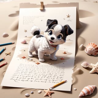 ((ultra realistic photo)), artistic sketch art, Make a DETAILED pencil sketch of a cute little FLUFFY PUPPY on a torn edge LETTER on the sand ( WITH LITTLE DRAWINGS AND TEXTS, art, DETAILED textures, pure perfection, hIgh definition), detailed beach around THE PAPER, tiny delicate sea-shell, little delicate starfish, sea ,TROPICAL BAY BACKGROUND, delicate coral, sand pile on the paper,little calligraphy texts, little drawings on the paper,, text: "puppy", text. ,BookScenic,art_booster,disney pixar style