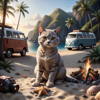 a cute little British shorthaired Kitty SITTING WITH A CAMP FIRE ON A PLAID, IN FRONT OF THE CLASSIC VW CAMPER VAN, CAMPING ENVIROMENT NEXT TO THE VAN (art, DETAILED textures, pure perfection, hIgh definition), detailed beach around , tiny delicate sea-shell, little delicate starfish, sea ,(very detailed TROPICAL hawaiian BAY BACKGROUND, SEA SHORE, PALM TREES, DETAILED LANDSCAPE, COLORFUL) (GOLDEN HOUR LIGHTING), delicate coral, sand piles,art_booster,stworki