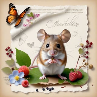  ((ultra realistic photo)), artistic sketch art, Make a little WHITE LINE pencil sketch of a cute tiny MOUSE on an old TORN EDGE PIECE OF PAPER , art, textures, pure perfection, high definition, LITTLE FRUITS, butterfly,wild berries,berry, DELICATE FLOWERS ,grass blades, flower petals on the paper, little calligraphy text all over, little drawings, text: "mouse", text. ,BookScenic,art_booster