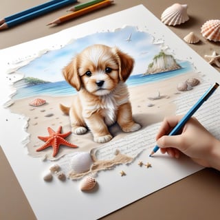 ((ultra realistic photo)), artistic sketch art, Make a pencil sketch of an adorable little FLUFFY PUPPY on a torn edge LETTER WITH LITTLE DRAWINGS AND  TEXTS, art, DETAILED textures, pure perfection, hIgh definition, detailed beach around THE PAPER, tiny delicate sea-shell, little delicate starfish, sea , delicate coral, sand pile on the paper,little calligraphy texts, little drawings on the paper,, text: "puppy", text. ,BookScenic,art_booster