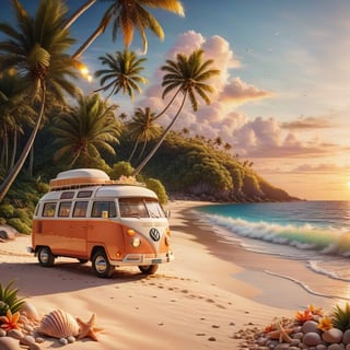 ((ultra realistic photo)) a cute hippie VW CAMPER VAN in the distance, LOVELY WELL-ARRANGED CAMPING ENVIROMENT (art, DETAILED textures, pure perfection, hIgh definition), detailed beach around , tiny delicate sea-shell, little delicate starfish, sea ,(very detailed TROPICAL hawaiian BAY BACKGROUND, SEA SHORE, PALM TREES, DETAILED LANDSCAPE, COLORFUL) (GOLDEN HOUR LIGHTING), delicate coral, sand piles