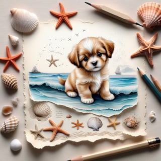 ((ultra realistic photo)), artistic sketch art, Make a pencil sketch of an adorable little FLUFFY PUPPY on an old torn edge paper, art, DETAILED textures, pure perfection, hIgh definition, detailed beach around, tiny delicate sea-shell, starfish, sea , delicate coral, sand on the paper, little calligraphy text all over, tiny delicate drawings, embossed drawings,BookScenic