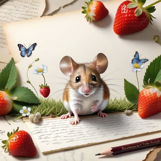 ((ultra realistic photo)), artistic sketch art, Make a little WHITE LINE pencil sketch of a cute tiny MOUSE on an old TORN EDGE Letter , art, textures, pure perfection, high definition, LITTLE FRUITS, butterfly,strawberry, berry, DELICATE FLOWERS ,grass blades, GRASS  on the paper, little calligraphy text, little drawings, text: "mouse", text. children's picture books, 