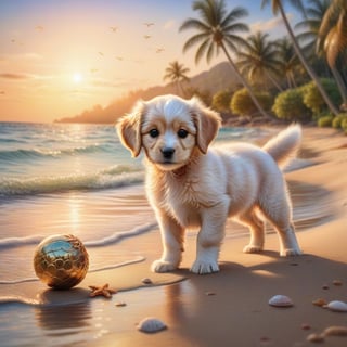 ((ultra realistic photo)), artistic sketch art, Make a DETAILED pencil sketch of a cute little FLUFFY PUPPY PLAYING WITH A BALL, (art, DETAILED textures, pure perfection, hIgh definition), detailed beach around , tiny delicate sea-shell, little delicate starfish, sea ,(very detailed TROPICAL hawaiian BAY BACKGROUND, SEA SHORE, PALM TREES, DETAILED LANDSCAPE, COLORFUL) (GOLDEN HOUR LIGHTING), delicate coral, sand piles