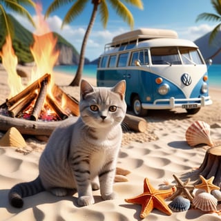 a cute little British shorthaired Kitty playing near A CAMP FIRE ON A PLAID, IN FRONT OF THE CLASSIC VW CAMPER VAN, LOVELY WELL-ARRANGED CAMPING ENVIROMENT (art, DETAILED textures, pure perfection, hIgh definition), detailed beach around , tiny delicate sea-shell, little delicate starfish, sea ,(very detailed TROPICAL hawaiian BAY BACKGROUND, SEA SHORE, PALM TREES, DETAILED LANDSCAPE, COLORFUL) (GOLDEN HOUR LIGHTING), delicate coral, sand piles,art_booster,stworki,DonMH010D15pl4yXL ,portraitart,fauna_portrait