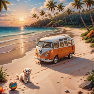 a cute fluffy puppy playing with a ball , CLASSIC VW CAMPER VAN in distance, LOVELY WELL-ARRANGED CAMPING ENVIROMENT (art, DETAILED textures, pure perfection, hIgh definition), detailed beach around , tiny delicate sea-shell, little delicate starfish, sea ,(very detailed TROPICAL hawaiian BAY BACKGROUND, SEA SHORE, PALM TREES, DETAILED LANDSCAPE, COLORFUL) (GOLDEN HOUR LIGHTING), delicate coral, sand piles