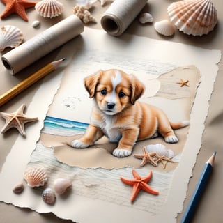 ((ultra realistic photo)), artistic sketch art, Make a pencil sketch of an adorable little FLUFFY PUPPY on an old torn edge paper, art, DETAILED textures, pure perfection, hIgh definition, detailed beach around THE PAPER, tiny delicate sea-shell, starfish, sea , delicate coral, sand pile on the paper,calligraphy text, tiny delicate drawings,BookScenic