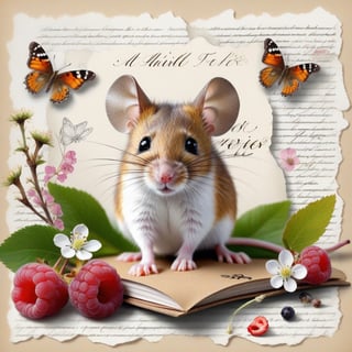  ((ultra realistic photo)), artistic sketch art, Make a little WHITE LINE pencil sketch of a cute tiny MOUSE on an old TORN EDGE PIECE OF PAPER , art, textures, pure perfection, high definition, LITTLE FRUITS, butterfly,wild berries,berry, DELICATE FLOWERS ,grass blades AROUND, flower petals on the paper, little calligraphy text all over, little drawings, text: "mouse", text. ,BookScenic,art_booster