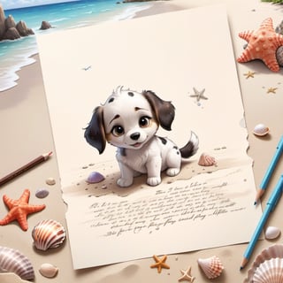 ((ultra realistic photo)), artistic sketch art, Make a DETAILED pencil sketch of a cute little FLUFFY PUPPY on a torn edge LETTER on the sand ( WITH LITTLE DRAWINGS AND TEXTS, art, DETAILED textures, pure perfection, hIgh definition), detailed beach around THE PAPER, tiny delicate sea-shell, little delicate starfish, sea ,TROPICAL BAY BACKGROUND, delicate coral, sand pile on the paper,little calligraphy texts, little drawings on the paper,, text: "puppy", text. ,BookScenic,art_booster,disney pixar style,LegendDarkFantasy