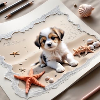 ((ultra realistic photo)), artistic sketch art, Make a pencil sketch of an adorable little FLUFFY PUPPY on an old torn edge paper, art, DETAILED textures, pure perfection, hIgh definition, detailed beach around THE PAPER, tiny delicate sea-shell, starfish, sea , delicate coral, sand on the paper, little calligraphy text, tiny delicate drawings,BookScenic