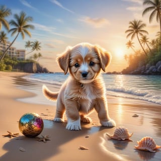 ((ultra realistic photo)), artistic sketch art, Make a DETAILED pencil sketch of a cute little FLUFFY PUPPY PLAYING WITH A BALL, (art, DETAILED textures, pure perfection, hIgh definition), detailed beach around , tiny delicate sea-shell, little delicate starfish, sea ,(very detailed TROPICAL hawaiian BAY BACKGROUND, SEA SHORE, PALM TREES, DETAILED LANDSCAPE, COLORFUL) (GOLDEN HOUR LIGHTING), delicate coral, sand piles