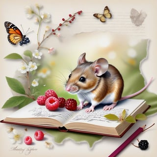  ((ultra realistic photo)), artistic sketch art, Make a little 2,5D WHITE LINE pencil sketch of a cute tiny MOUSE on an old TORN EDGE PIECE OF SHINY SATIN CLOTH , art, textures, pure perfection, high definition, LITTLE FRUITS, butterfly,wild berries,berry, DELICATE FLOWERS ,grass blades, flower petals on the paper, little calligraphy text all over, little drawings, text: "mouse", text. ,BookScenic,art_booster